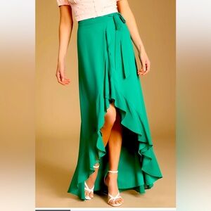 Lulus Small Green Ruffled High-Low Wrap Maxi Skirt